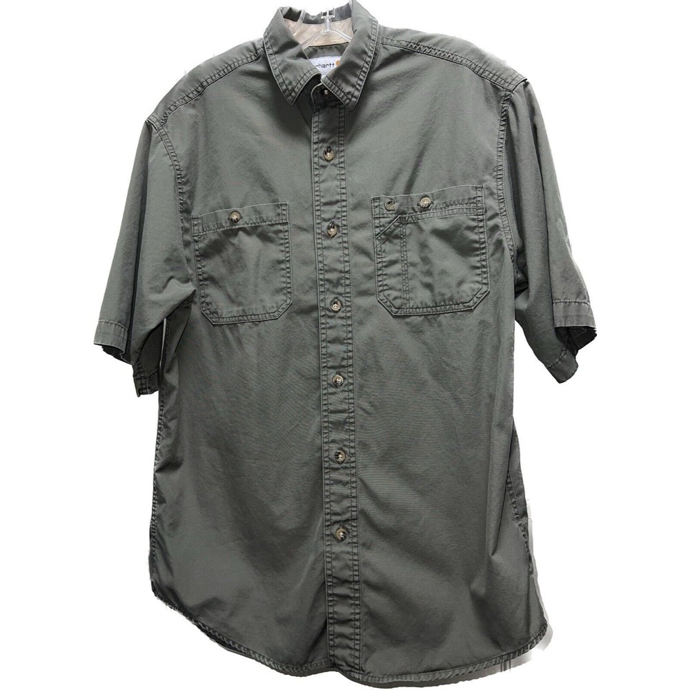 Carhartt‎ Men's Med Utility Tradesman Button Up Green Work Shirt Short Sleeve